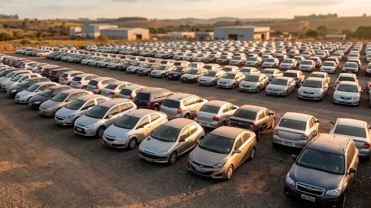 Fileira de veículos estacionados em pátio, sem identificação visível