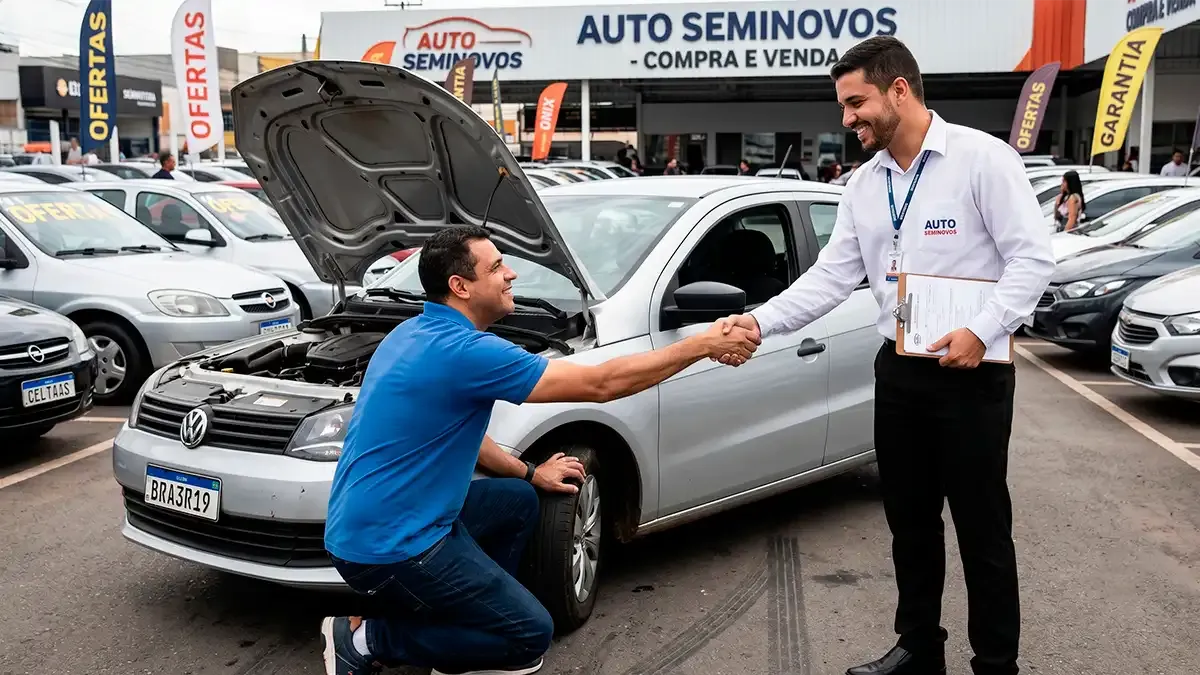 Comprador inspecionando carro usado antes de fechar negócio