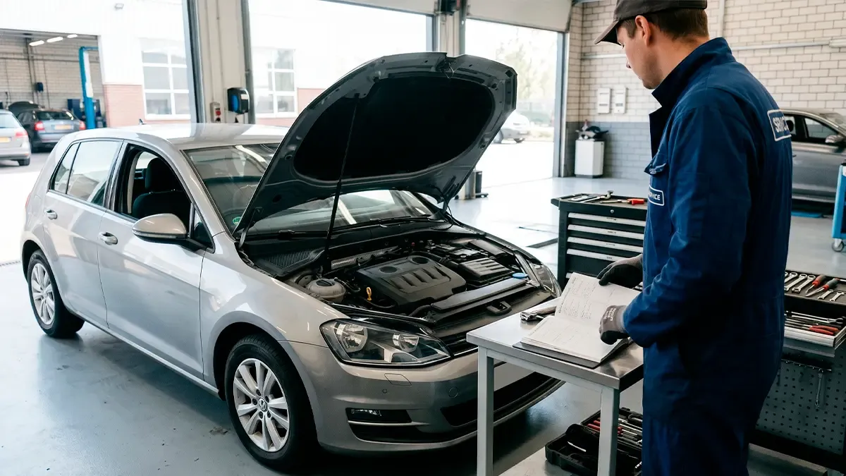 Manual de revisões sendo conferido ao lado de carro em manutenção