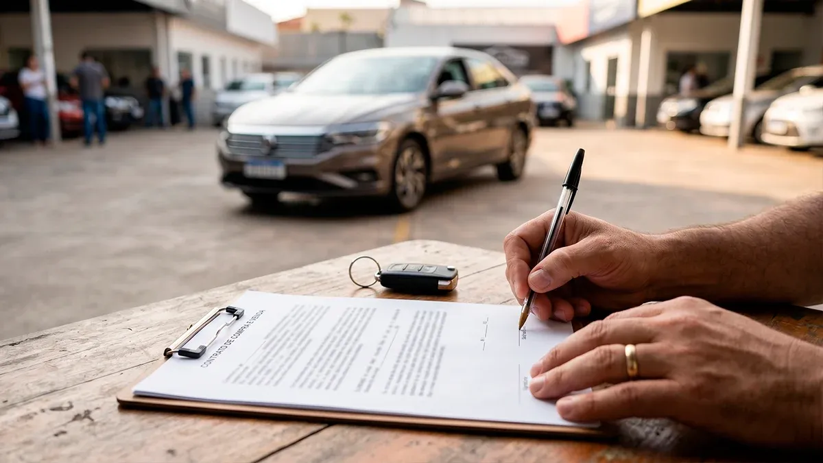 Comprador e vendedor concluindo a transferência de propriedade de um veículo