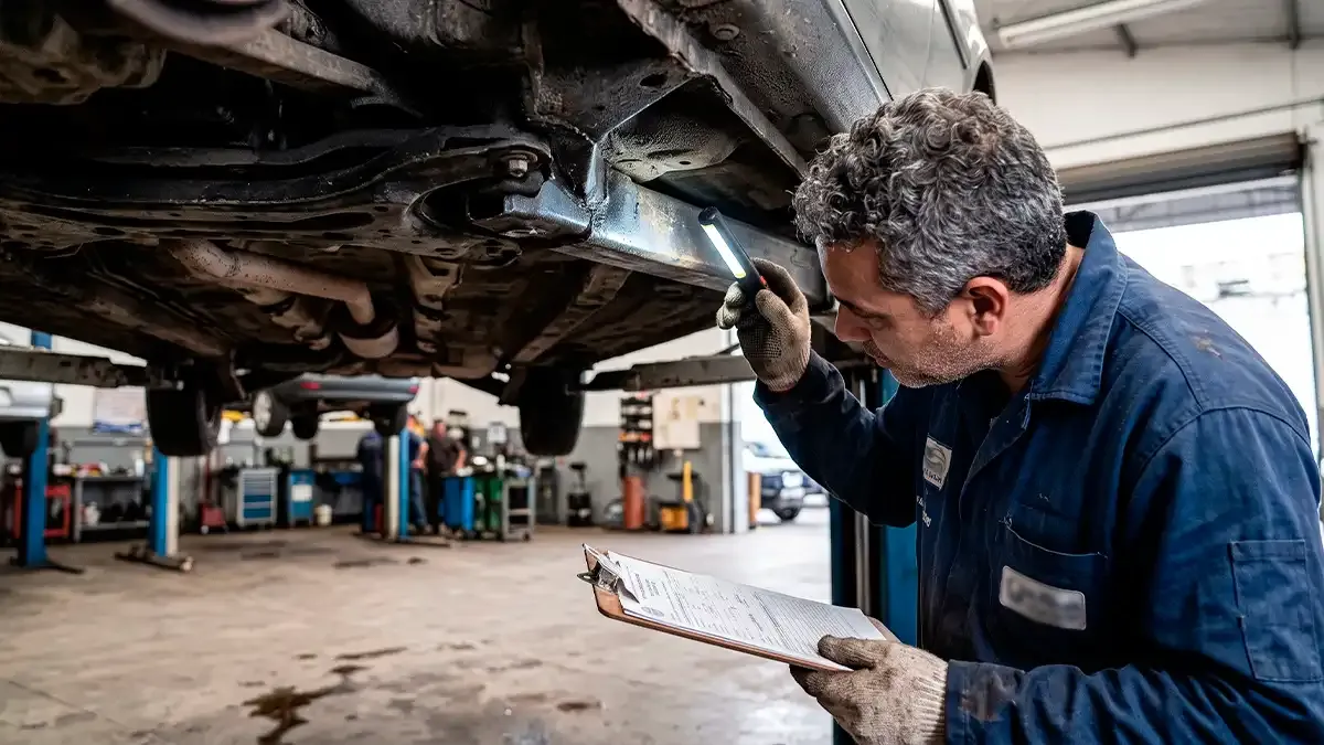 Profissional inspecionando a estrutura de um veículo em vistoria cautelar